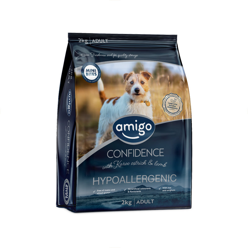 Amigo Confidence Hypoallergenic Adult Ostrich & Lamb Dog Food Small Bites
