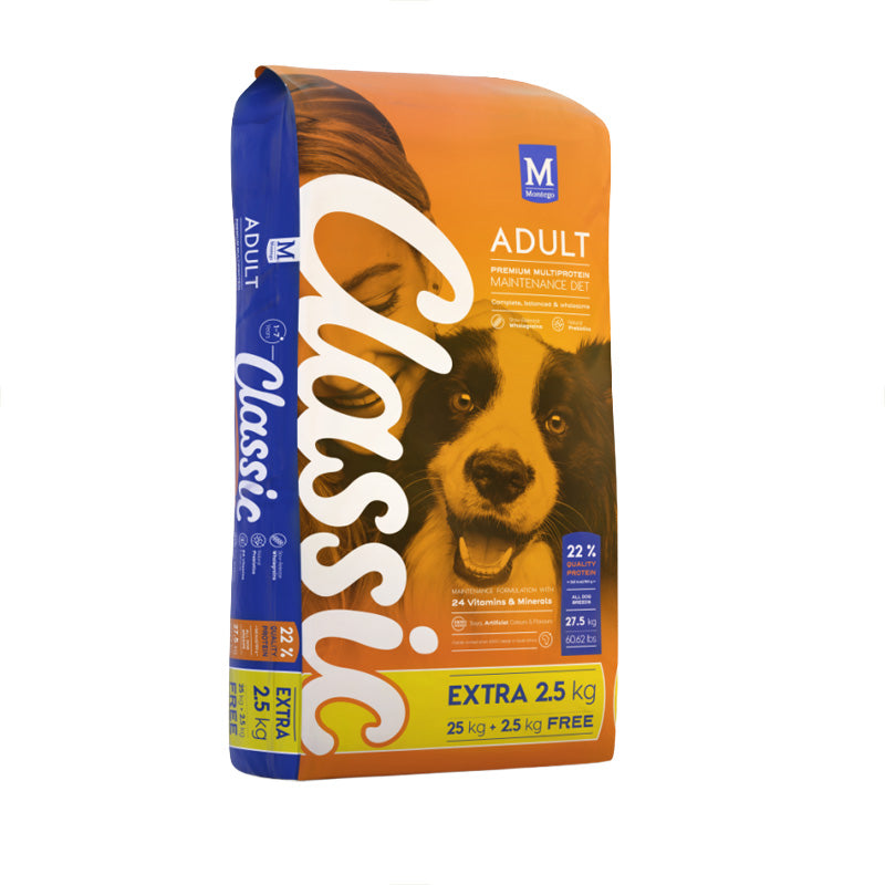 Montego Classic Dog Food Adult 25kg + 2.5kg Free + 2x Free Snack Bars